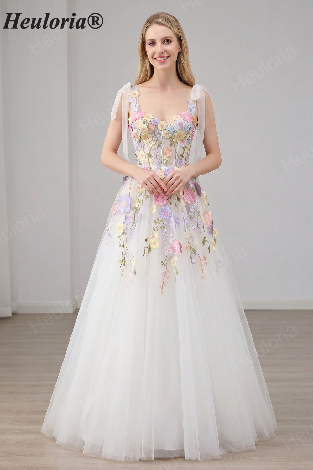 HEULORIA Whimsical 3D Floral Appliqué A-Line Prom Dress with Fairy Tie-Straps ED-444