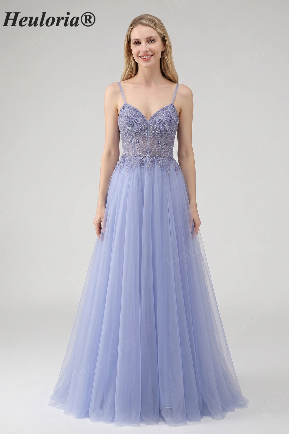 Heuloria Ethereal Beaded Lace Tulle A-Line Prom Dress with Spaghetti Straps and Illusion Bodice ED-503 Imagen principal del producto