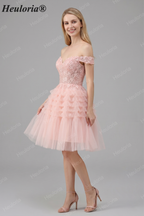 HEULORIA Blush A Line Off The Shoulder Corset Short Tulle Homecoming Dress ED-326