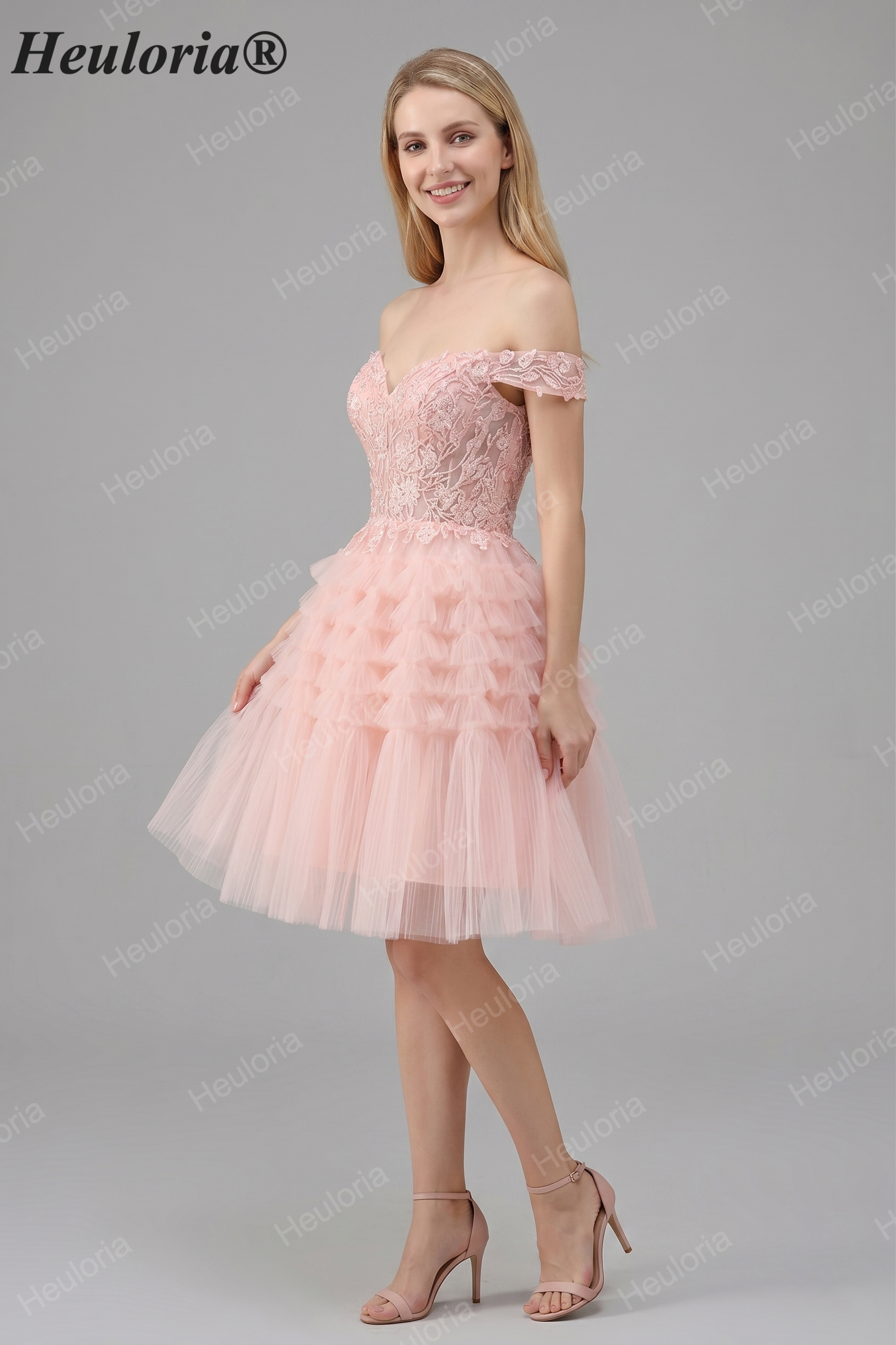 HEULORIA Blush A Line Off The Shoulder Corset Short Tulle Homecoming Dress ED-326