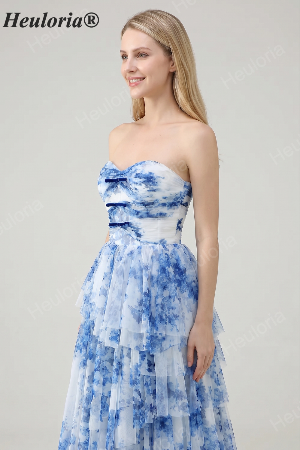 Heuloria Enchanted Garden Watercolor Floral Strapless Tiered Tulle Ball Gown with Velvet Bows ED-657