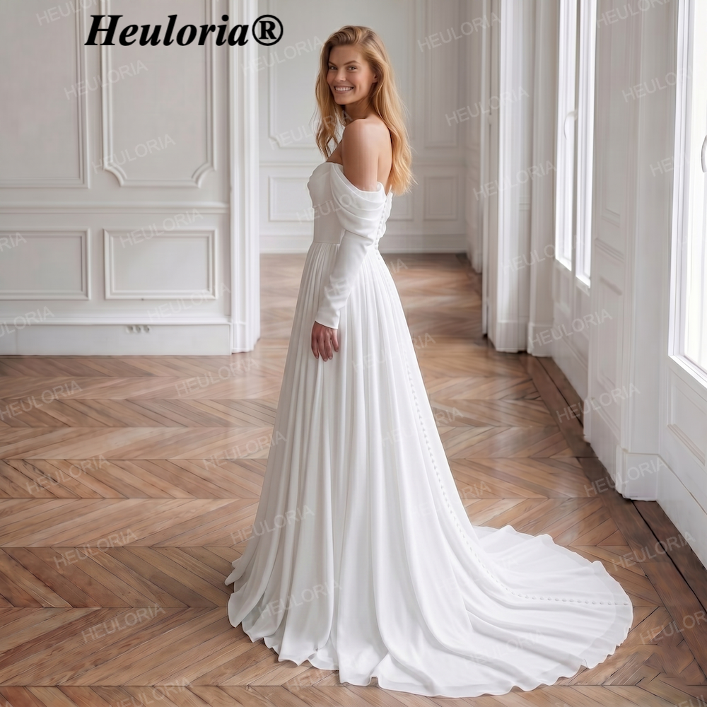 HEULORIA Elegant Off-the-Shoulder Long Sleeve A-Line Wedding Dress with Button-Back Detail AL-QK234