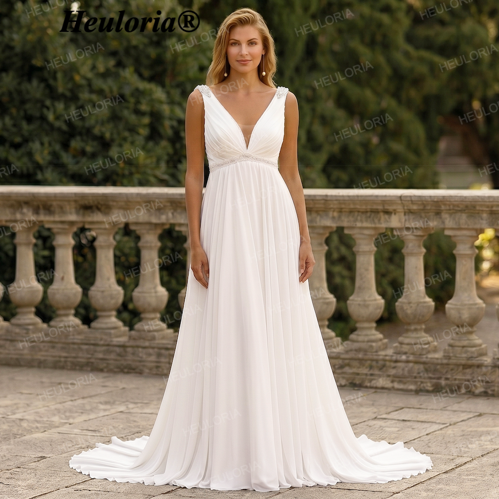 HEULORIA Elegant Chiffon A-Line Wedding Dress with Deep V-Neck and Beaded Details AL-QK232 Main image