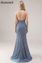 HEULORIA Shimmering Dusty Blue Halter Neck Ruched Evening Gown with High Slit ED-519