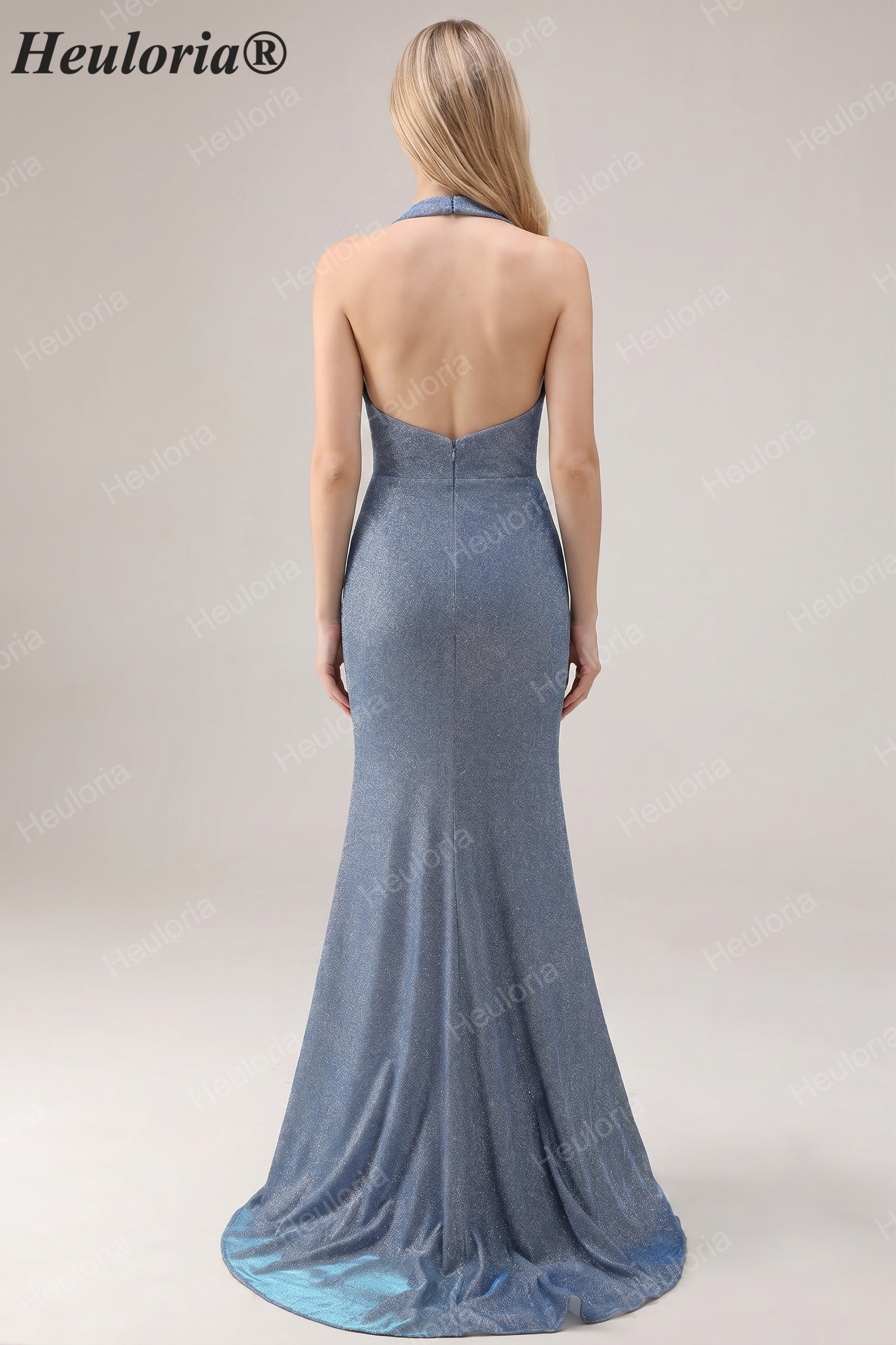 HEULORIA Shimmering Dusty Blue Halter Neck Ruched Evening Gown with High Slit ED-519