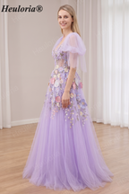 HEULORIA Whimsical Lavender 3D Floral Applique Prom Dress - V-Neck A-Line Tulle Evening Gown with Ruffle Sleeves and Corset Back ED-446