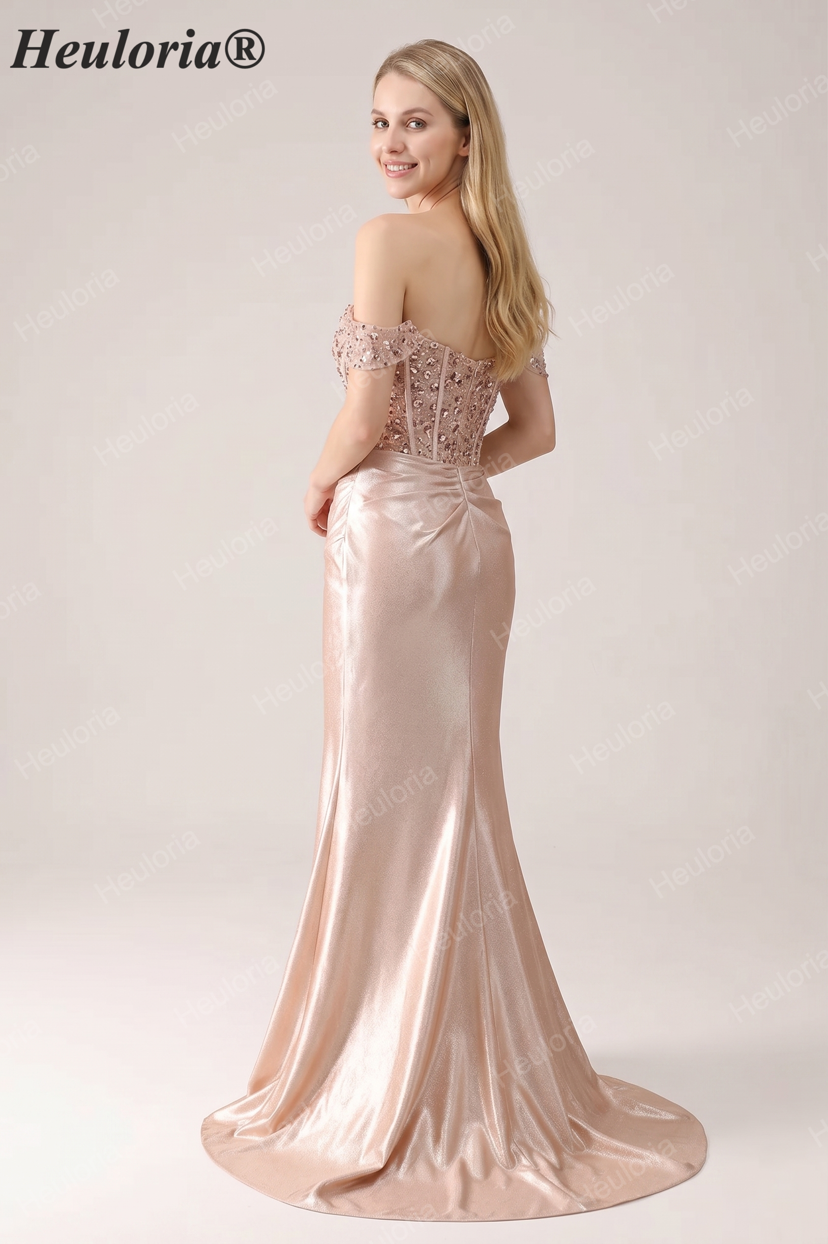 HEULORIA Off-the-Shoulder Sequin Corset High Slit Metallic Mermaid Prom Dress ED-240