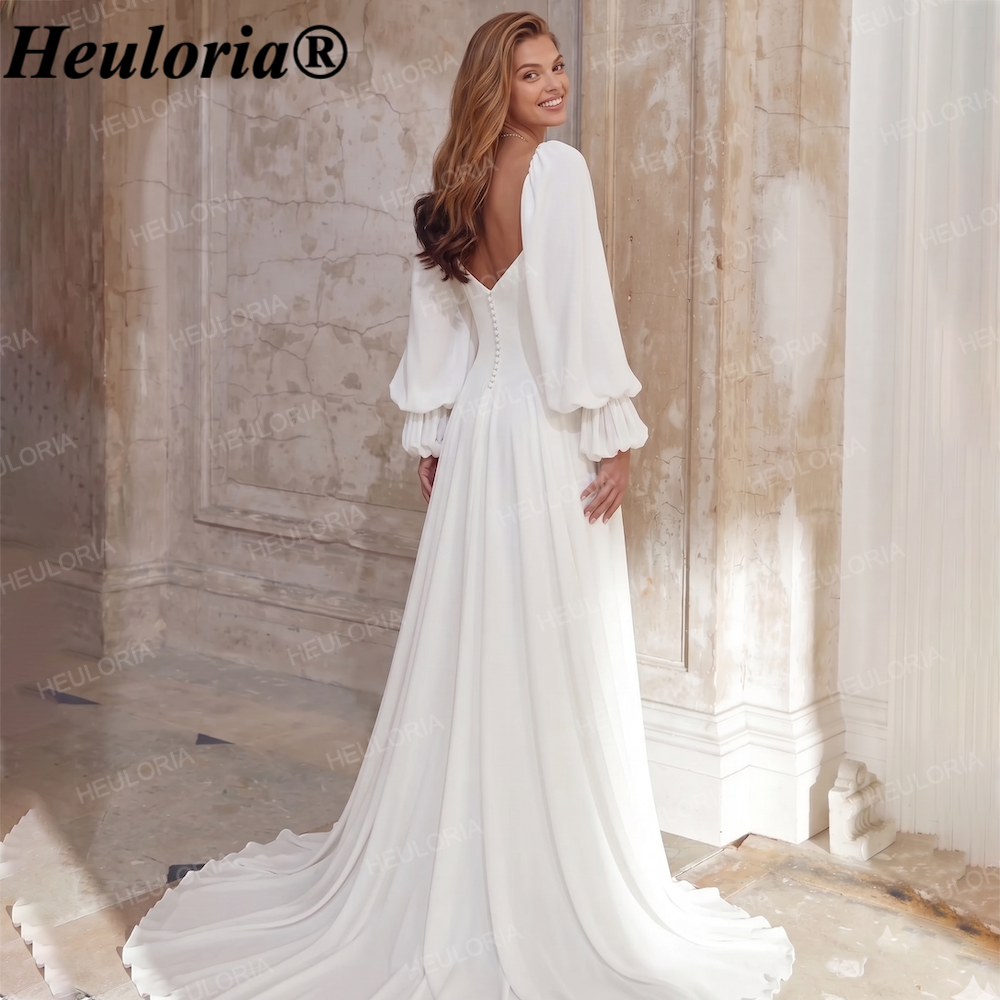 HEULORIA Elegant Square Neck Puff Sleeve A-Line Chiffon Wedding Dress with Train - Boho Modern Style AL-QK201