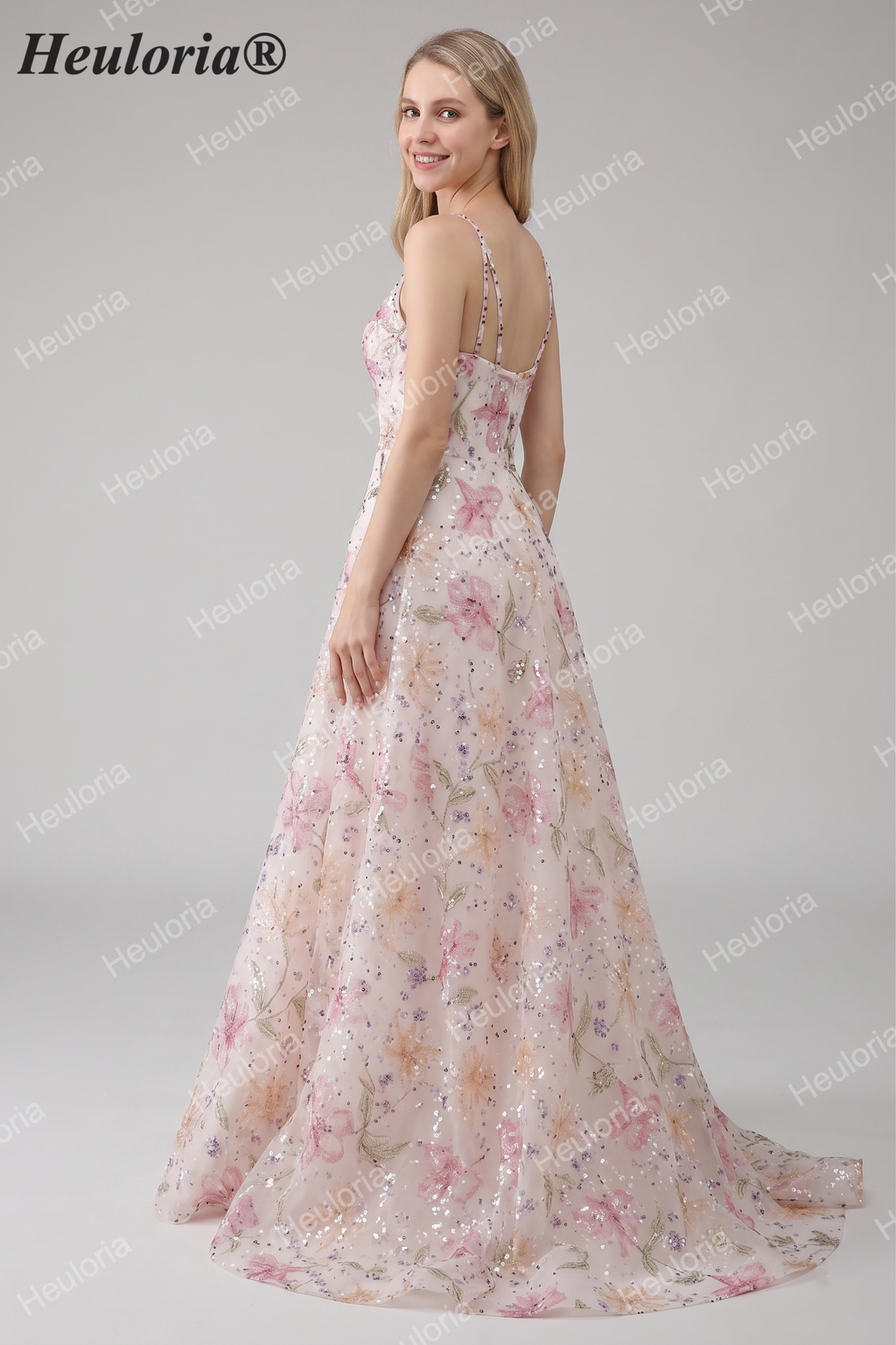 HEULORIA Enchanting Floral Embroidery Sequin A-Line Prom Dress with Spaghetti Straps & V-Neck ED-651