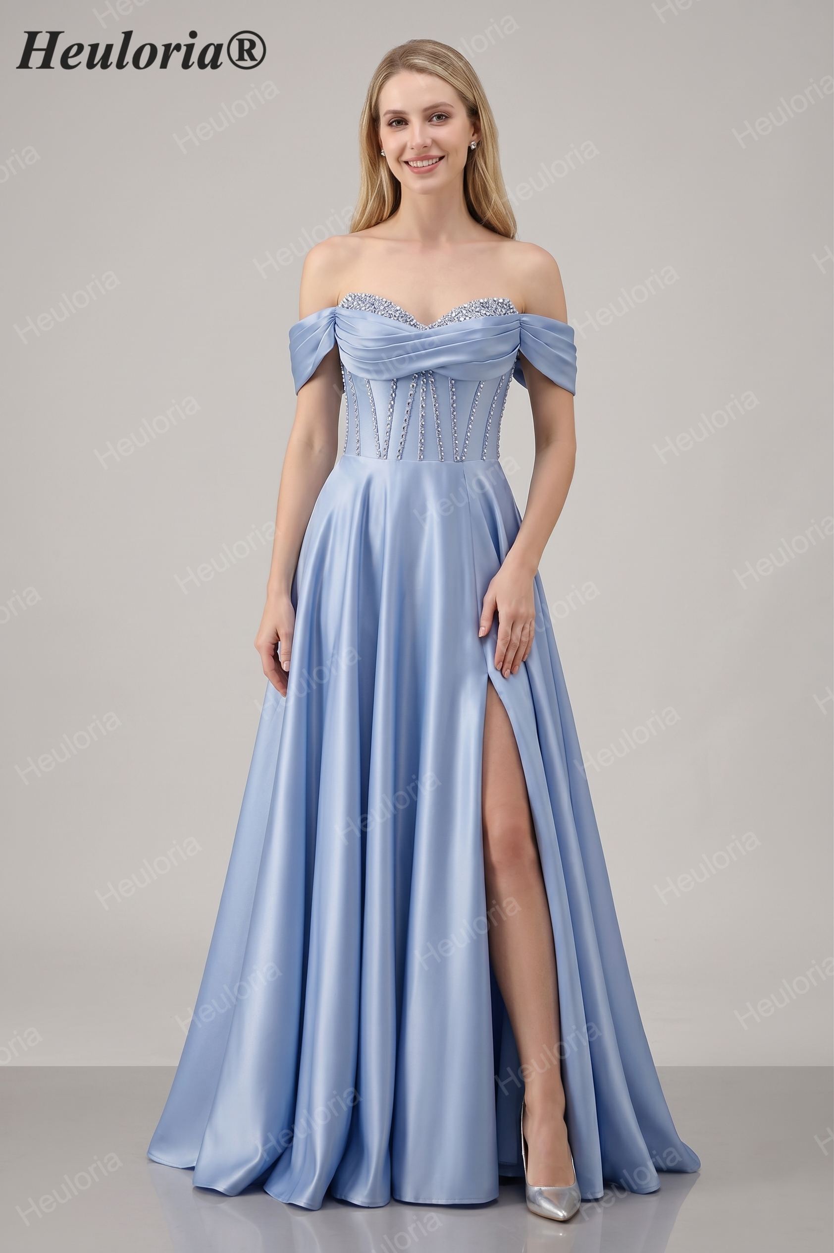 HEULORIA Off-the-Shoulder Sequin Beaded Satin Prom Dress with Slit & Corset Back ED-586