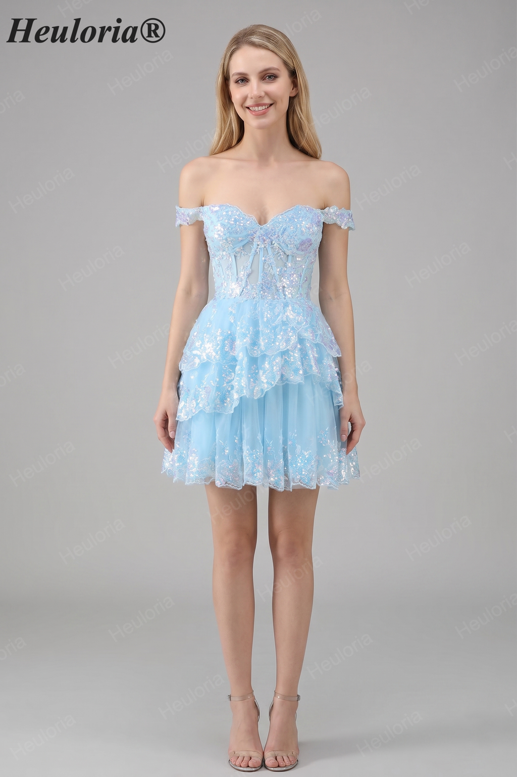 HEULORIA Champagne Off-the-Shoulder Sequin Tiered Mini Dress - Corset Bodice Party & Homecoming Dress ED-277