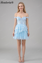 HEULORIA Champagne Off-the-Shoulder Sequin Tiered Mini Dress - Corset Bodice Party & Homecoming Dress ED-277