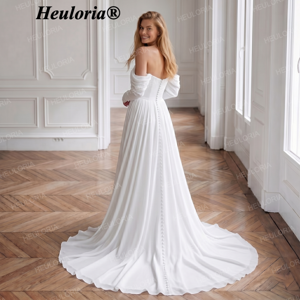 HEULORIA Elegant Off-the-Shoulder Long Sleeve A-Line Wedding Dress with Button-Back Detail AL-QK234