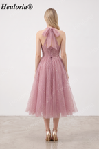 HEULORIA Celestial Starry Tulle Tea-Length Formal Dress with Tie Straps & Corset Back ED-443