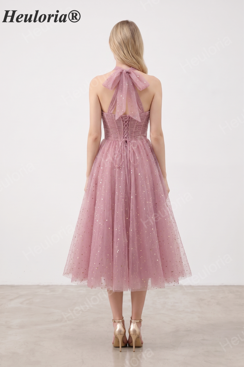 HEULORIA Celestial Starry Tulle Tea-Length Formal Dress with Tie Straps & Corset Back ED-443