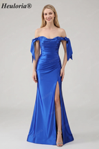 HEULORIA Elegant Royal Blue Off-the-Shoulder Satin Mermaid Evening Dress with High Slit and Bow Knots ED-504