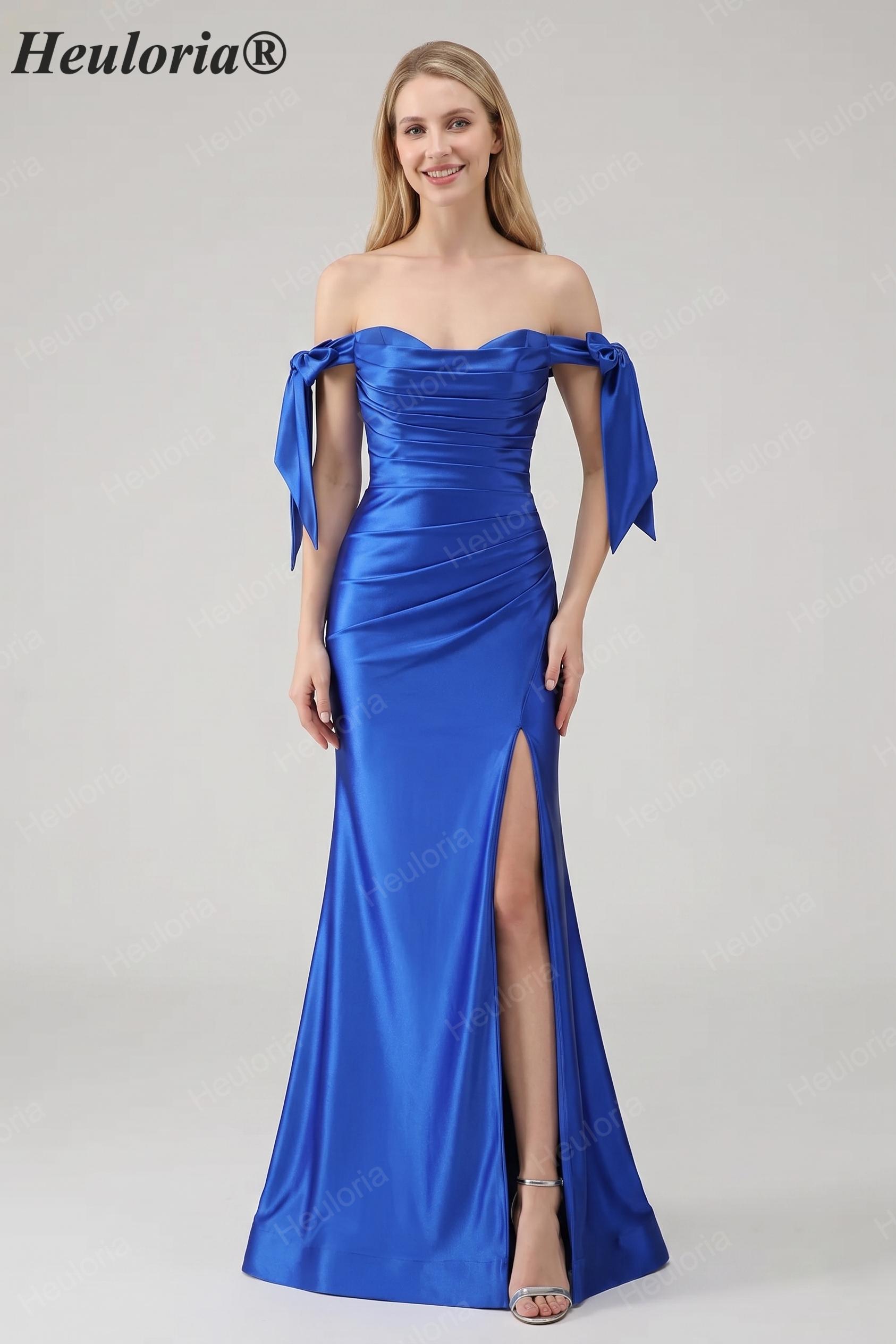 HEULORIA Elegant Royal Blue Off-the-Shoulder Satin Mermaid Evening Dress with High Slit and Bow Knots ED-504