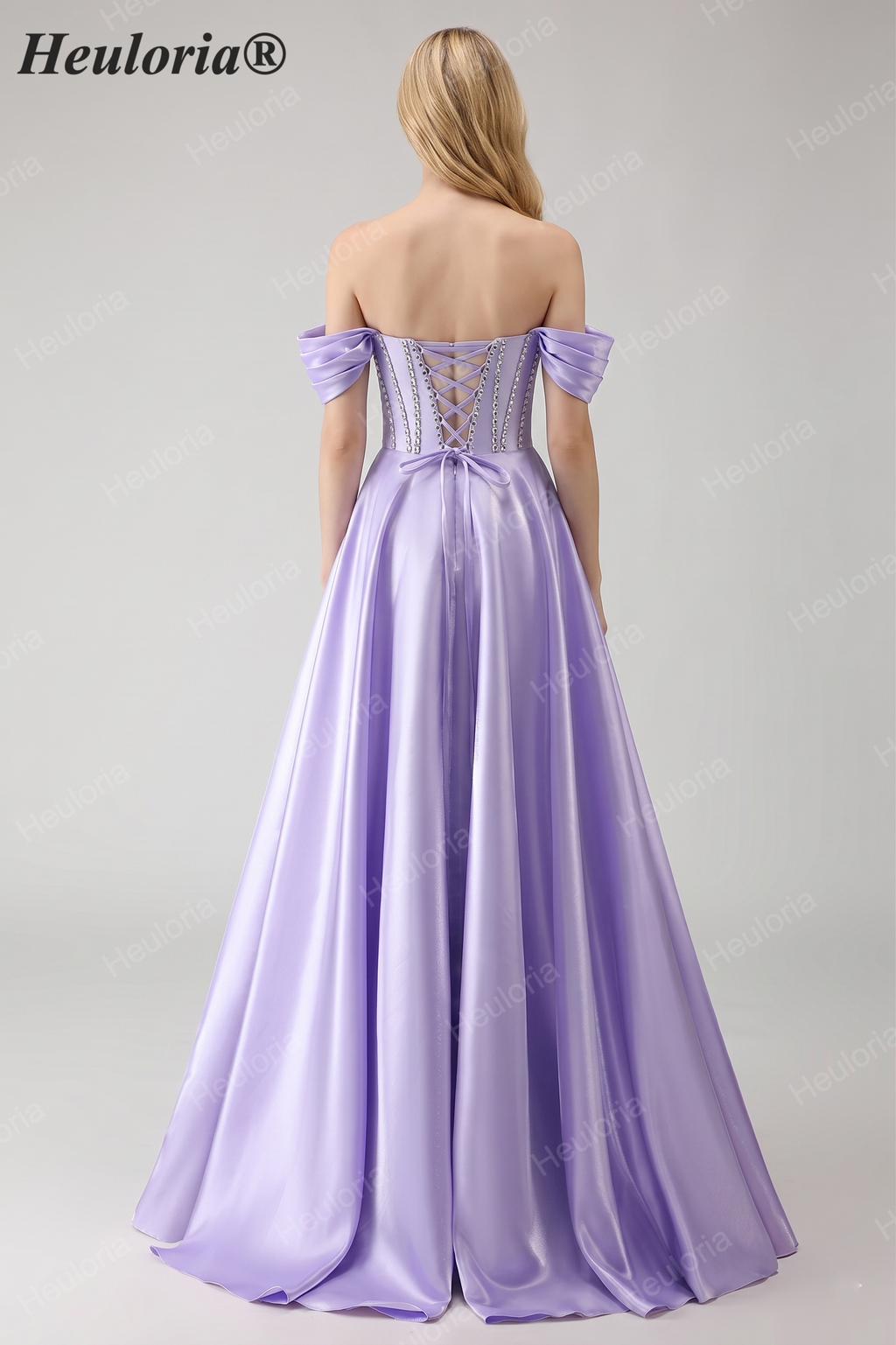 HEULORIA Off-the-Shoulder Sequin Beaded Satin Prom Dress with Slit & Corset Back ED-586