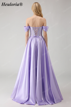 HEULORIA Off-the-Shoulder Sequin Beaded Satin Prom Dress with Slit & Corset Back ED-586