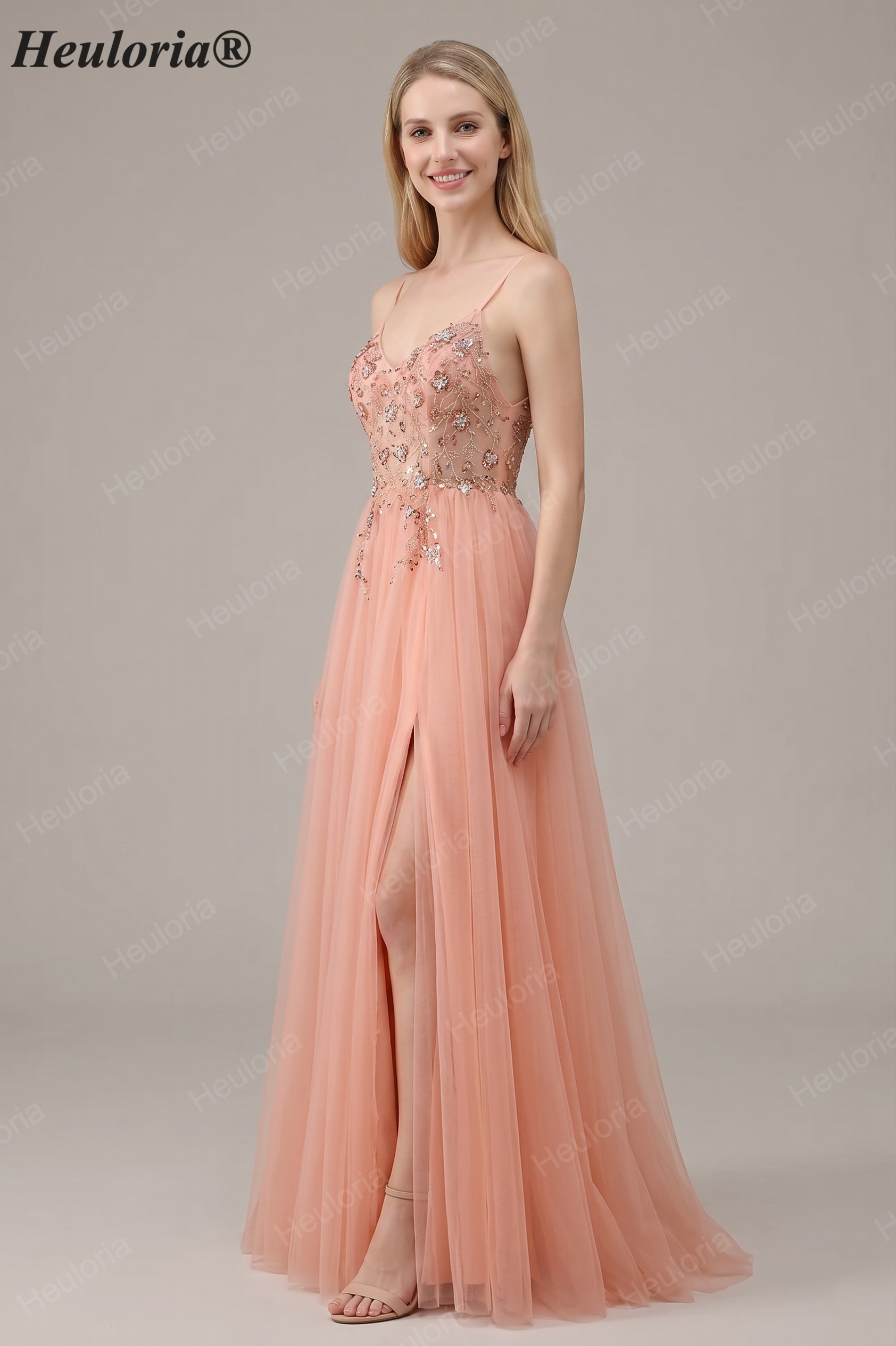 HEULORIA Sparkling Floral Beaded Tulle Prom Dress with High Slit - Elegant A-Line Evening Gown ED-572 Imagen secundaria del producto