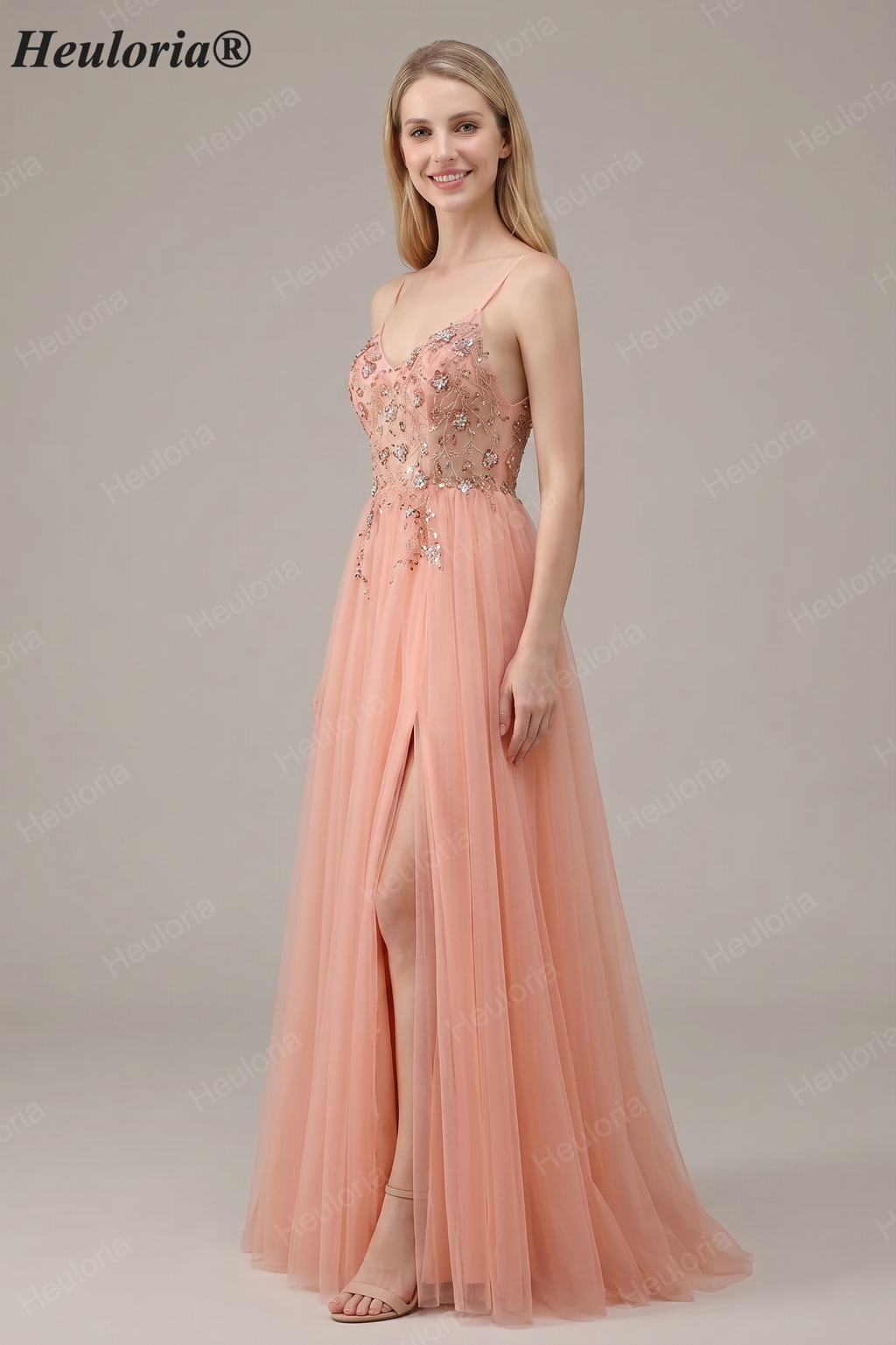 HEULORIA Sparkling Floral Beaded Tulle Prom Dress with High Slit - Elegant A-Line Evening Gown ED-572