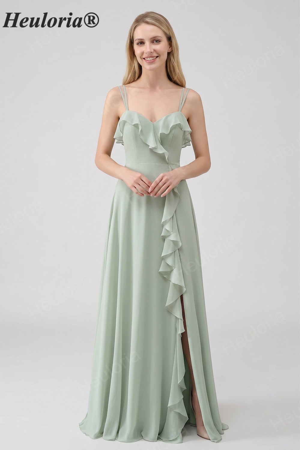HEULORIA Elegant Ruffled Sweetheart A-Line Bridesmaid Dress with Side Slit and Lace-Up Back ED-560 Imagen principal del producto