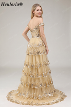 HEULORIA Off-the-Shoulder Tiered Tulle Prom Dress with Shimmering Sequins - Romantic Floor-Length Evening Gown ED-365