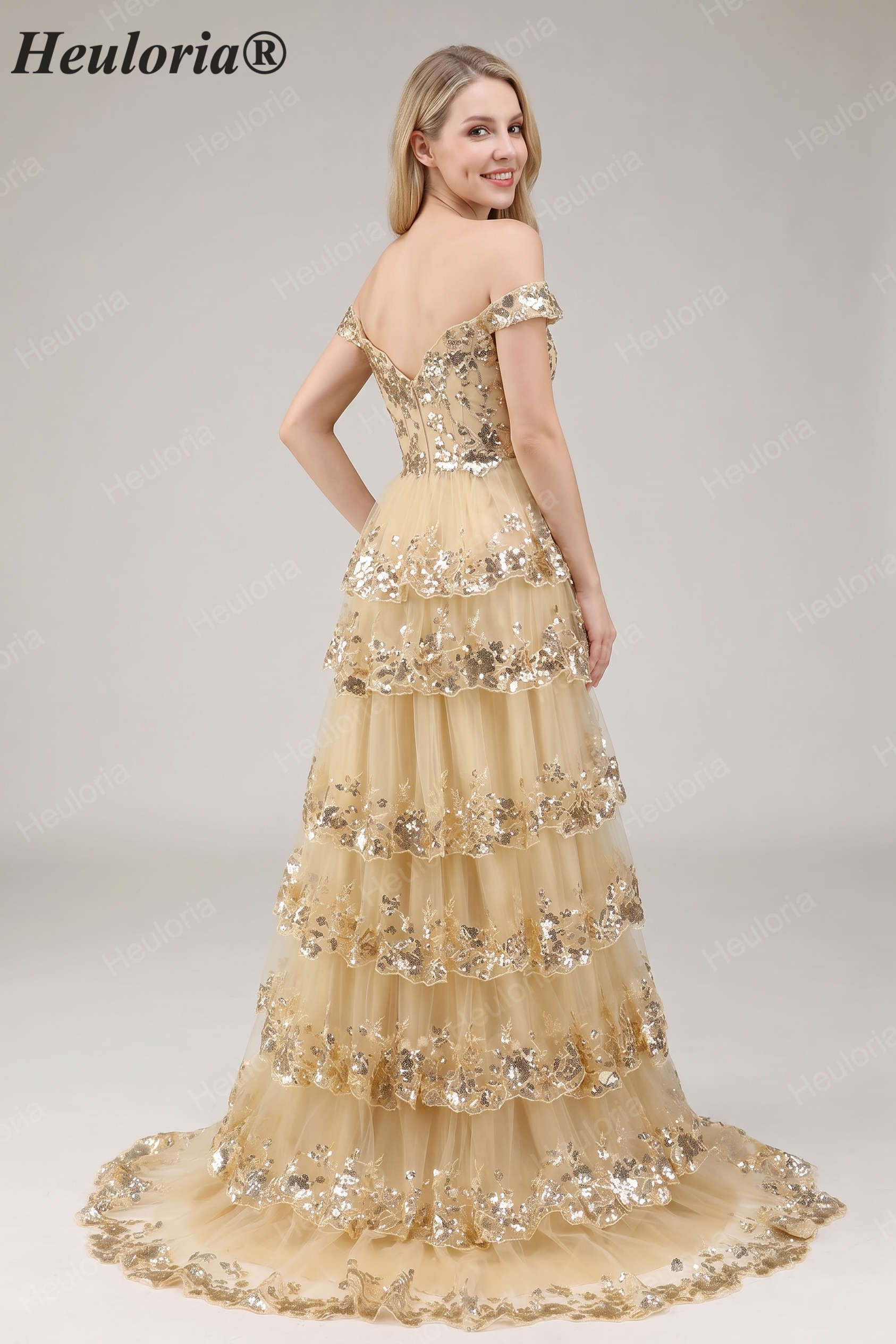 HEULORIA Off-the-Shoulder Tiered Tulle Prom Dress with Shimmering Sequins - Romantic Floor-Length Evening Gown ED-365