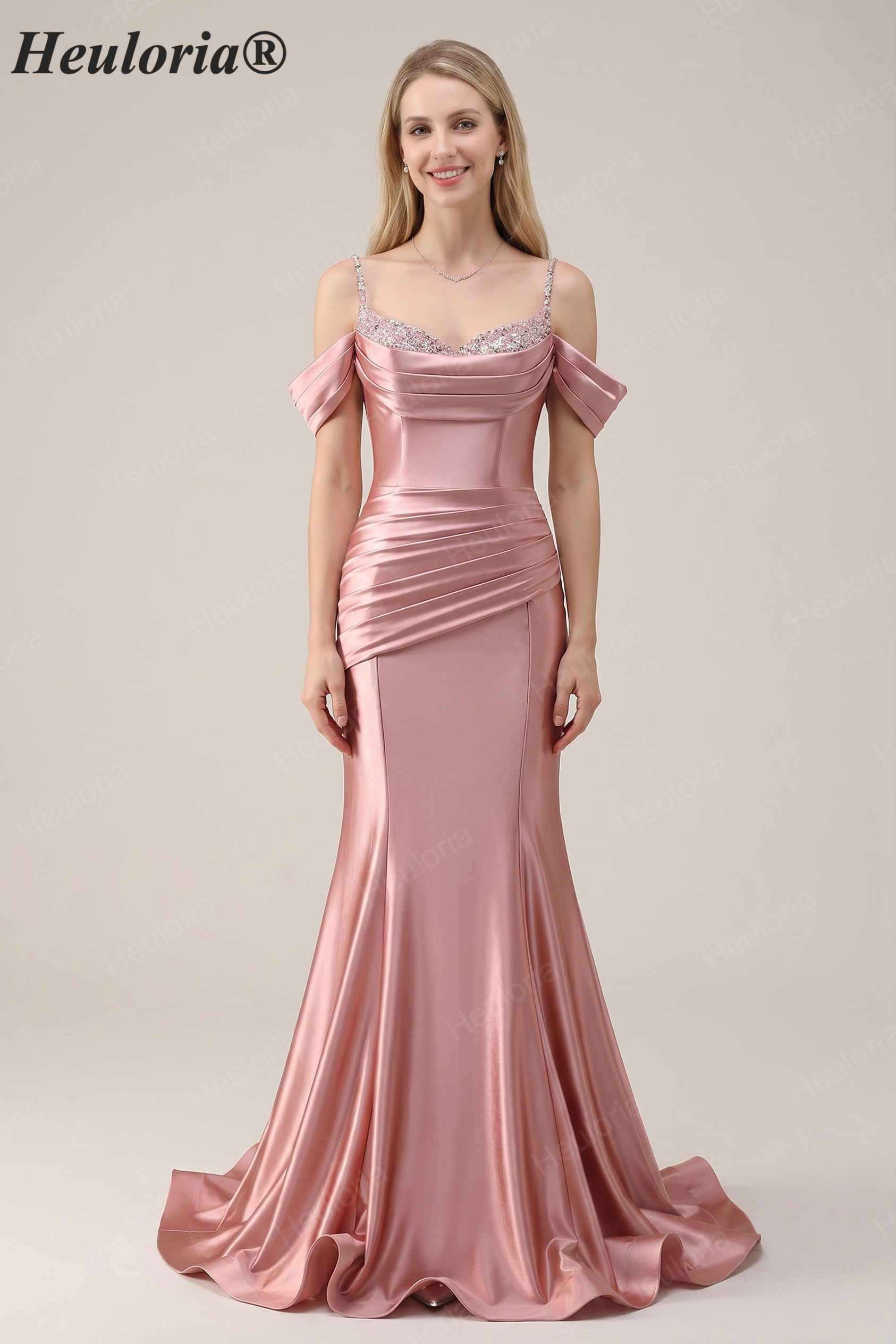 HEULORIA Elegant Ruched Satin Mermaid Evening Gown with Crystal Embellished Straps & Off-the-Shoulder Sleeves ED-349 Image principale du produit