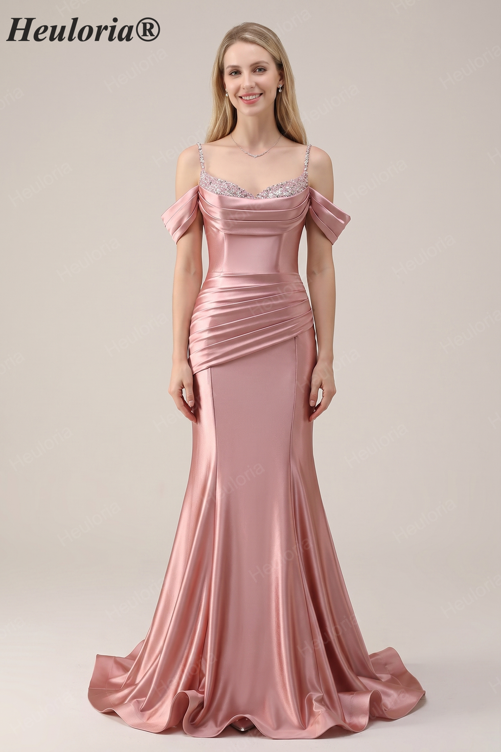 HEULORIA Elegant Ruched Satin Mermaid Evening Gown with Crystal Embellished Straps & Off-the-Shoulder Sleeves ED-349