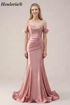 HEULORIA Elegant Ruched Satin Mermaid Evening Gown with Crystal Embellished Straps & Off-the-Shoulder Sleeves ED-349