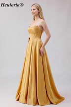 HEULORIA Strapless Golden Satin Ball Gown with Beaded Corset Bodice and Pleated Skirt ED-516