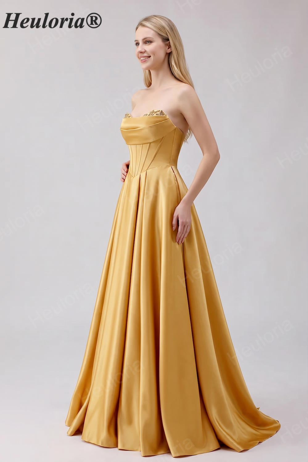 HEULORIA Strapless Golden Satin Ball Gown with Beaded Corset Bodice and Pleated Skirt ED-516