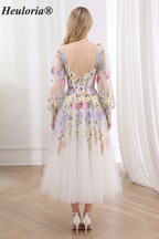 HEULORIA Romantic Colorful Floral Embroidery Tulle Midi Dress with Sheer Bishop Sleeves and Corset Back ED-666 tea