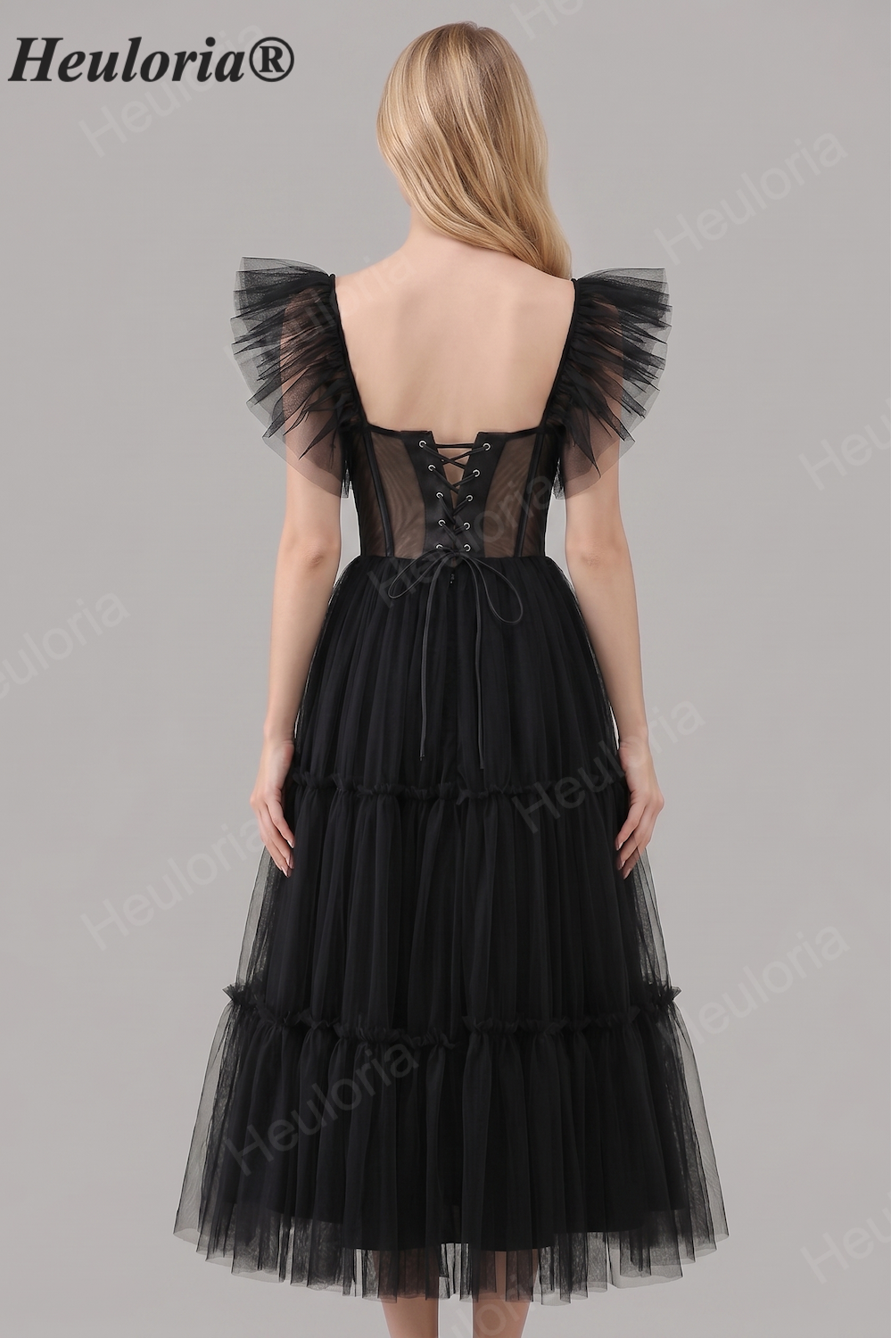 HEULORIA Gothic Romantic Black Tiered Tulle Midi Dress - Sheer Corset Bodice with Butterfly Ruffle Sleeves ED-683