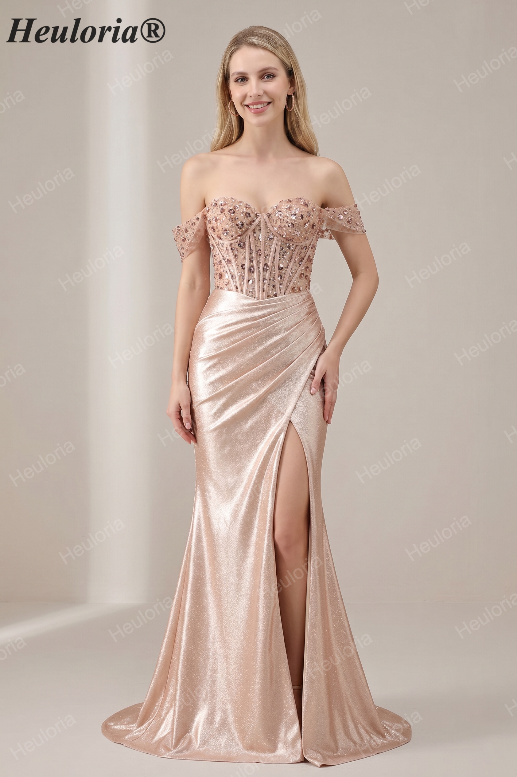 HEULORIA Off-the-Shoulder Sequin Corset High Slit Metallic Mermaid Prom Dress ED-240 Image principale du produit