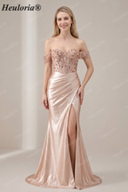 HEULORIA Off-the-Shoulder Sequin Corset High Slit Metallic Mermaid Prom Dress ED-240