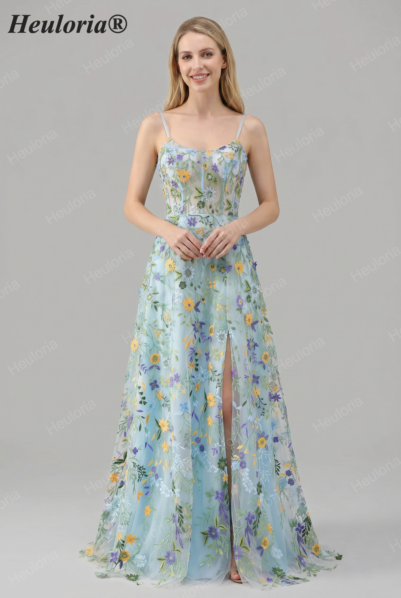 HEULORIA Enchanting Floral Embroidered Spaghetti Strap Prom Dress - Light Blue A-Line Gown with High Slit & Lace-up Back ED-591
