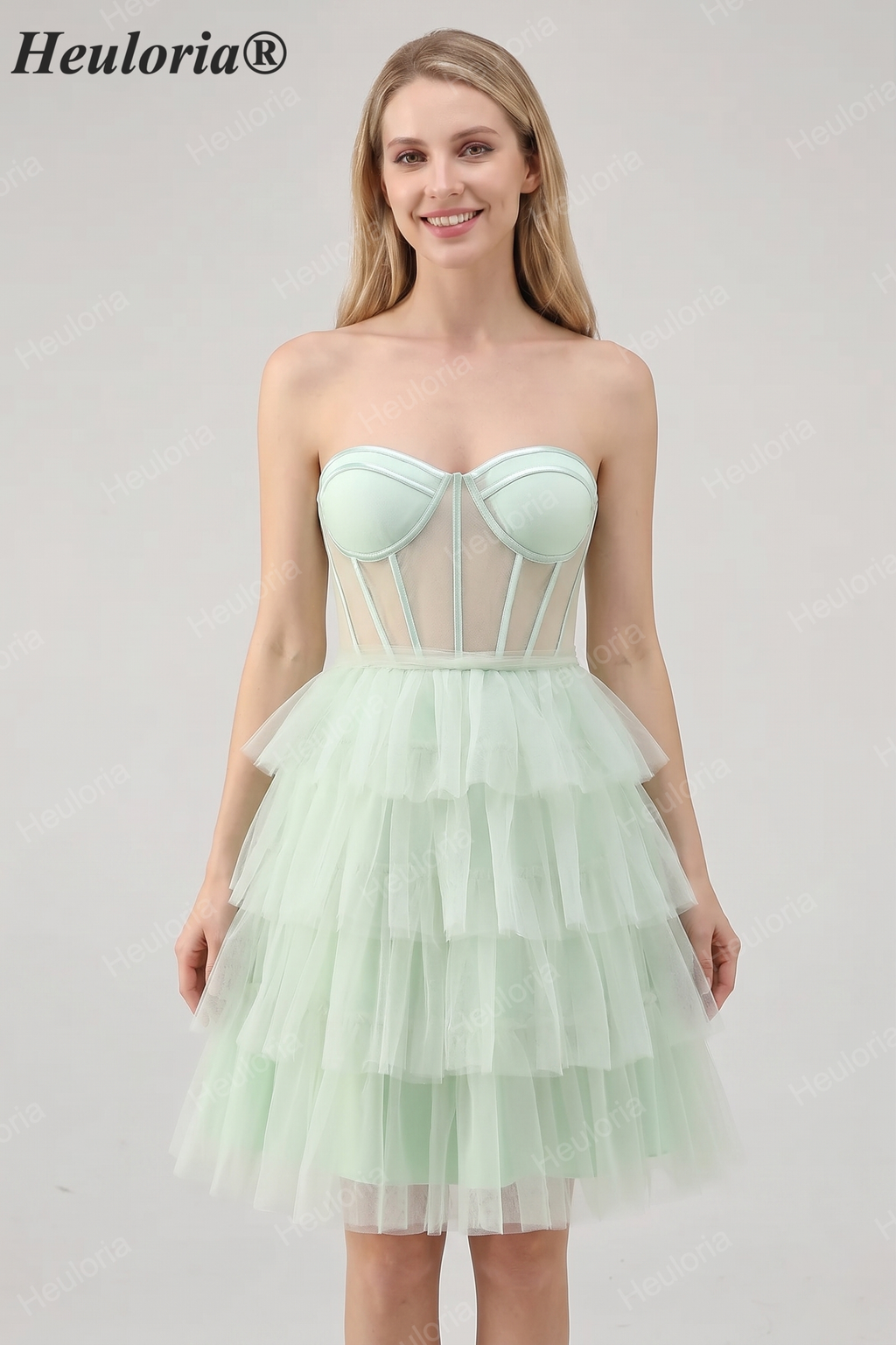 HEULORIA Light Green Sweetheart Corset Mini Dress - Tiered Tulle Strapless Homecoming Gown ED-330