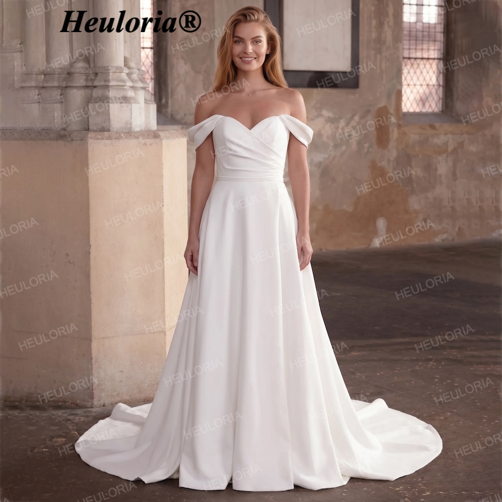 HEULORIA Elegant Off-the-Shoulder A-Line crepe Wedding Dress with Button-Down Train AL-QK220