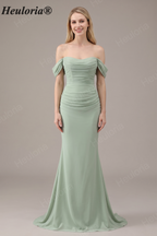 HEULORIA Elegant Off-The-Shoulder Ruched Sage Green Chiffon Mermaid Bridesmaid Dress with Lace-Up Back ED-654