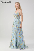 HEULORIA Enchanting Floral Embroidered Spaghetti Strap Prom Dress - Light Blue A-Line Gown with High Slit & Lace-up Back ED-591