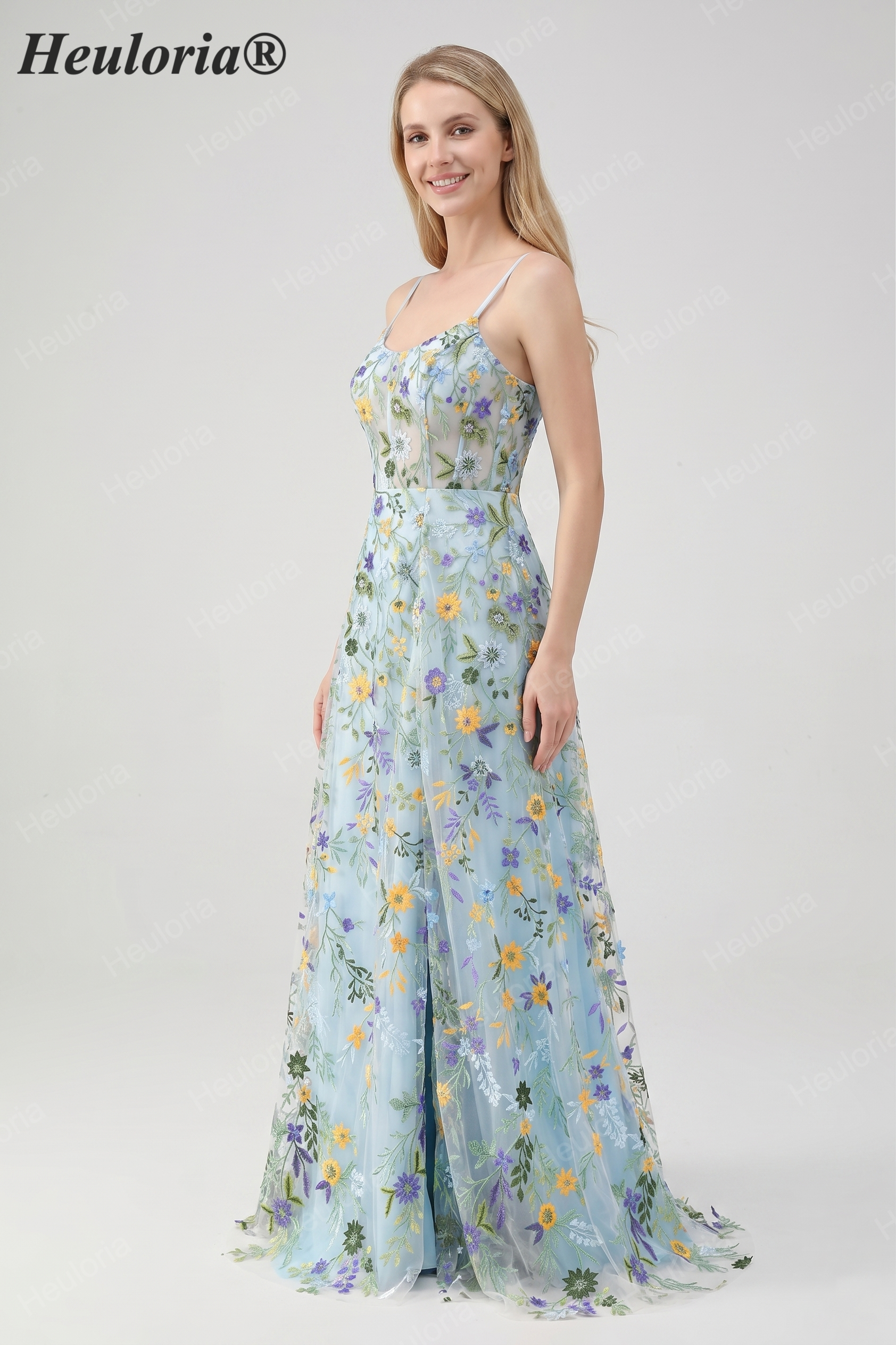 HEULORIA Enchanting Floral Embroidered Spaghetti Strap Prom Dress - Light Blue A-Line Gown with High Slit & Lace-up Back ED-591