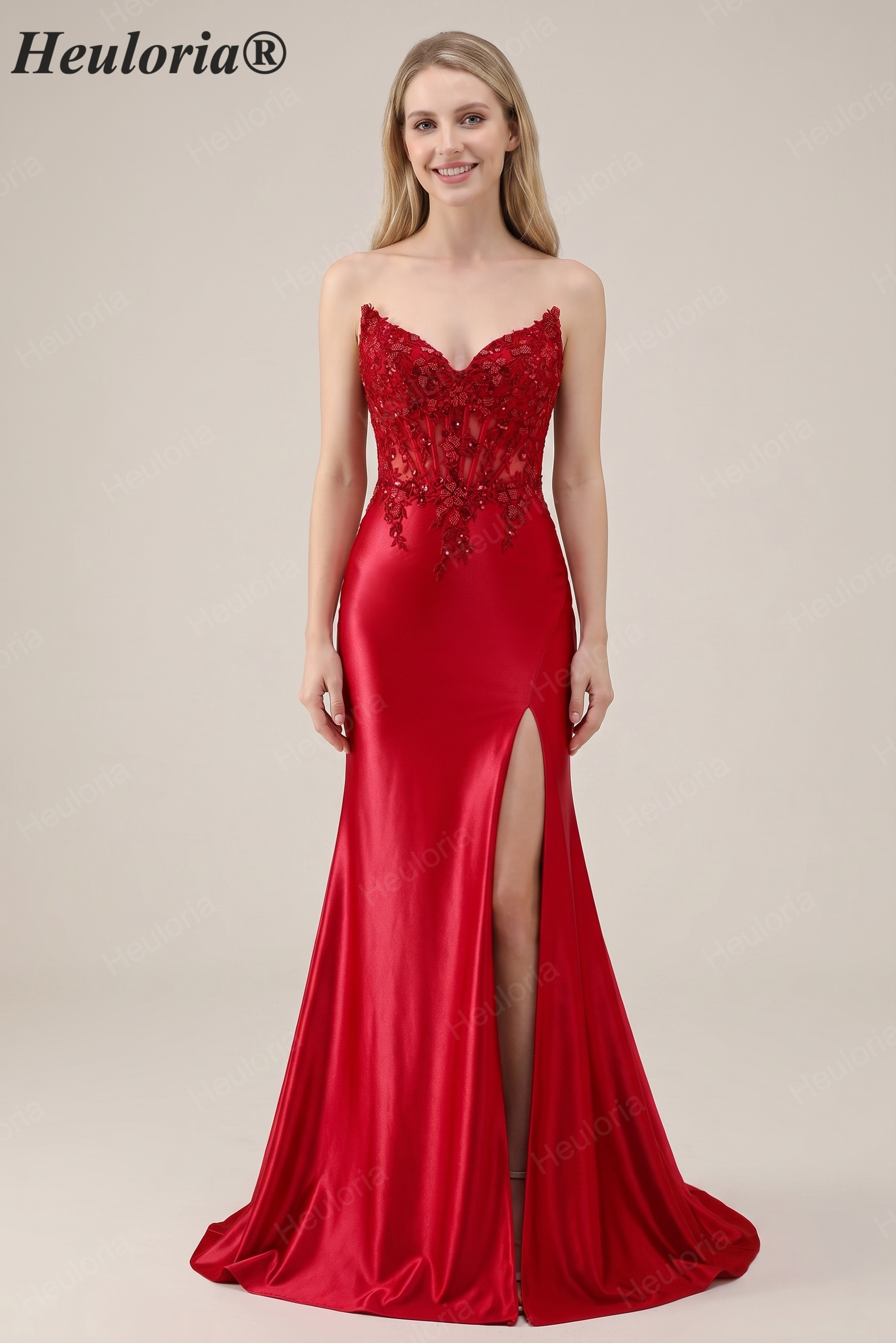 HEULORIA Elegant Red Mermaid Prom Dress with Illusion Lace Corset and High Slit ED-362 Image principale du produit