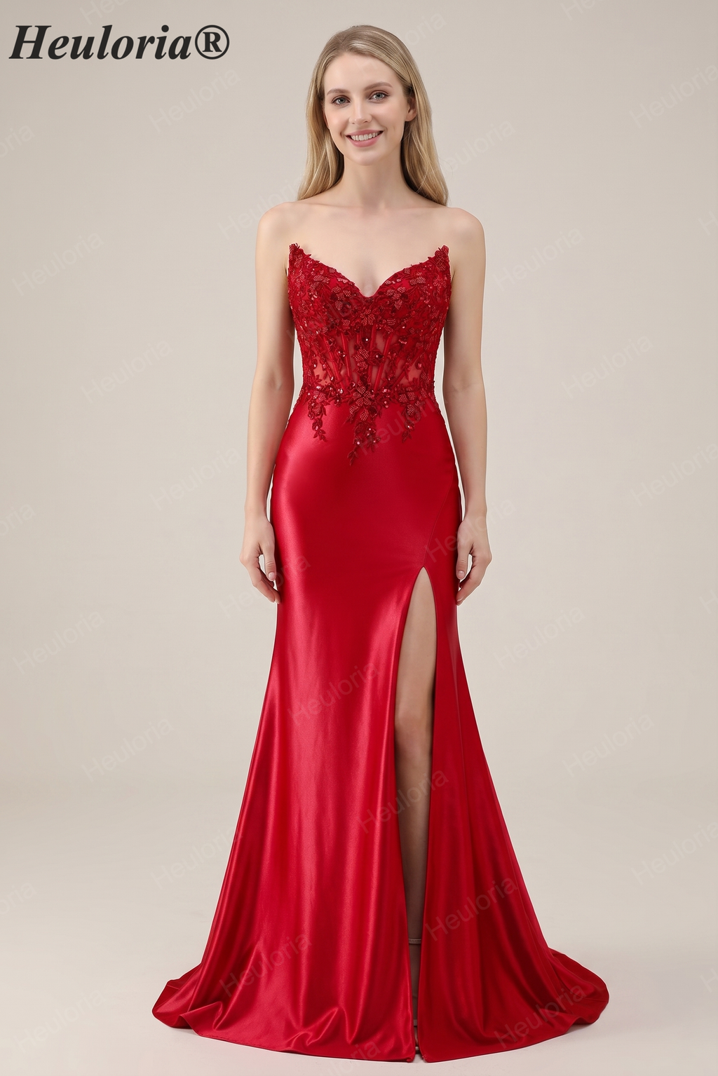 HEULORIA Elegant Red Mermaid Prom Dress with Illusion Lace Corset and High Slit ED-362