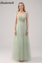 HEULORIA Romantic Dusty Sage Tiered Tulle V-Neck Prom Dress with Floral Ruffled Straps ED-561