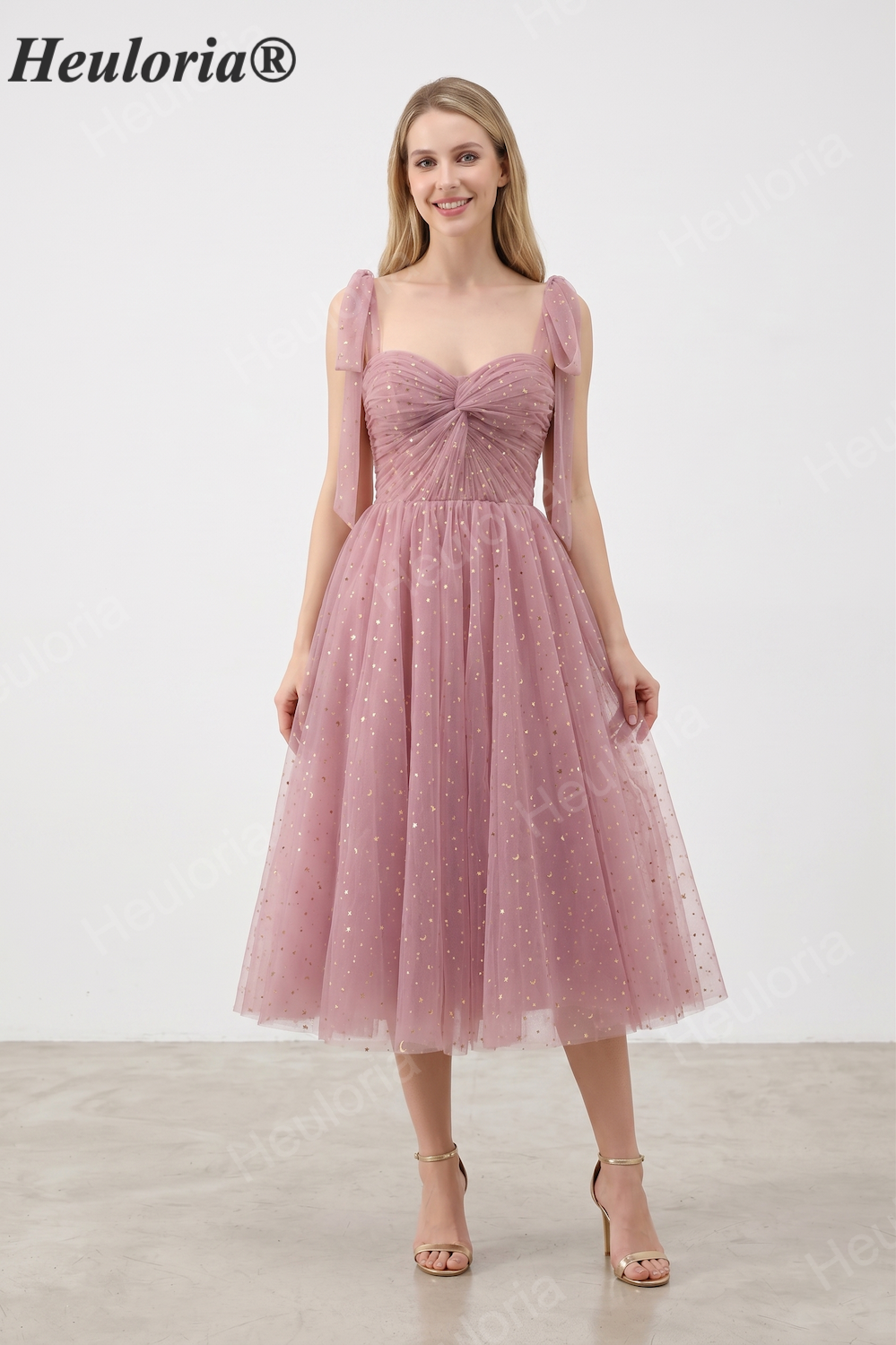 HEULORIA Celestial Starry Tulle Tea-Length Formal Dress with Tie Straps & Corset Back ED-443 Imagen principal del producto
