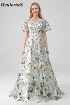 HEULORIA Enchanting Floral Embroidery Flutter Sleeve A-Line Evening Gown - Illusion Mesh Formal Dress ED-684