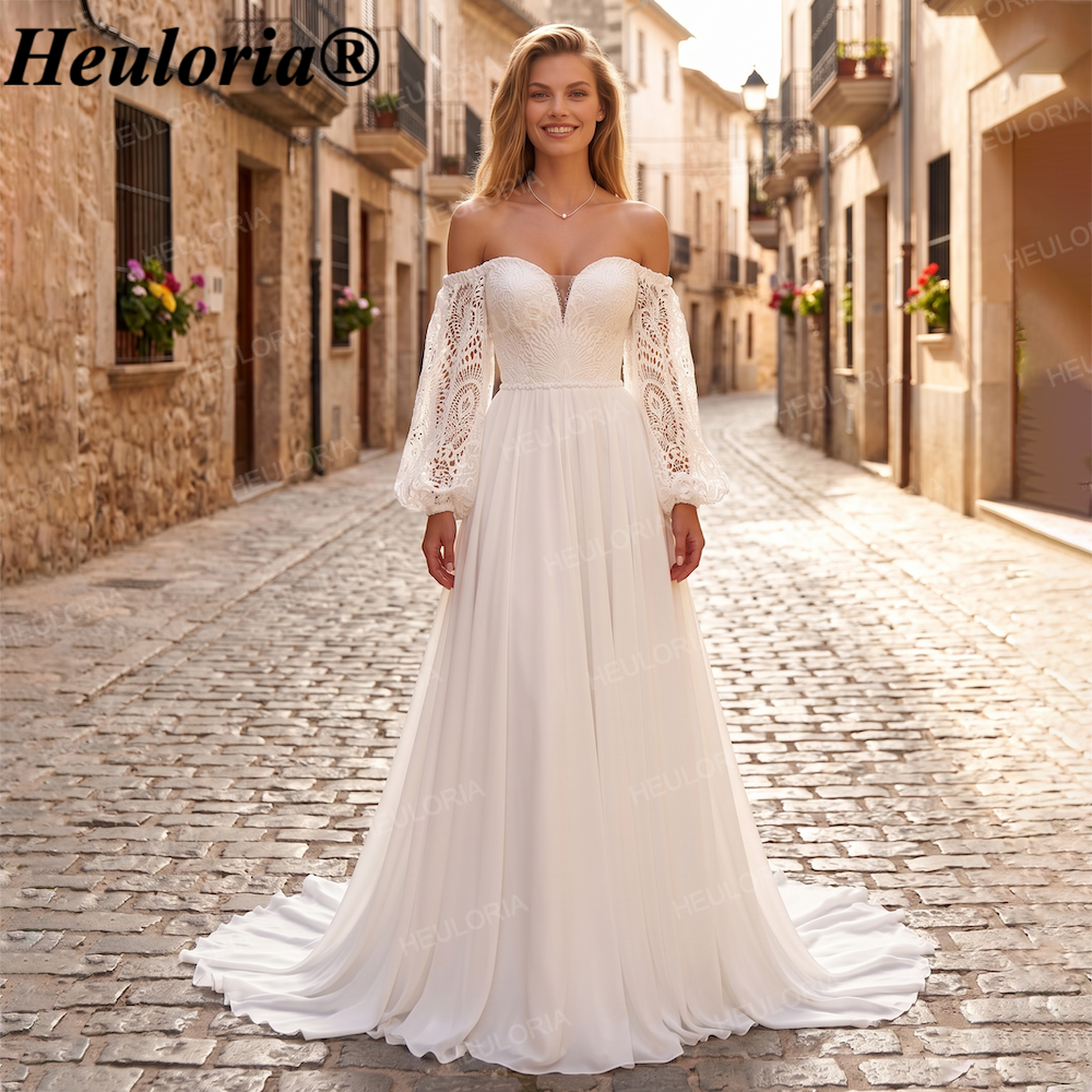 HEULORIA Romantic Boho Off-the-Shoulder Lace Sleeve Chiffon A-Line Wedding Dress AL-QK204