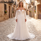 HEULORIA Romantic Boho Off-the-Shoulder Lace Sleeve Chiffon A-Line Wedding Dress AL-QK204